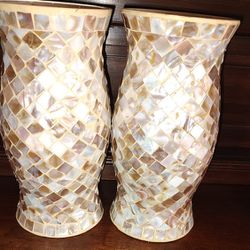 Pair Of Mosaic Mother Of Pearl Hurricane Candle Holders