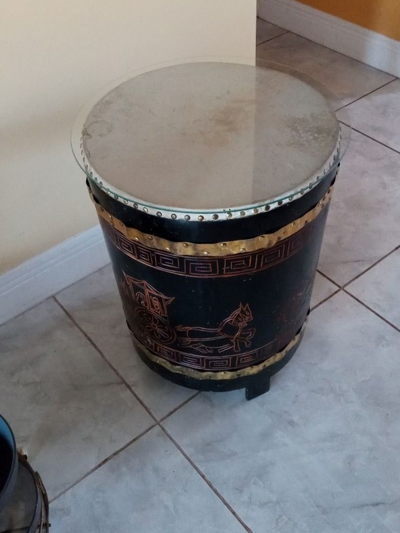 Antique Vintage Drum Table And Real Drum