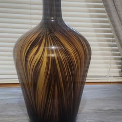 Hand-Blown Swirled Glass Vase, Amber & Black Striped Art Glass
