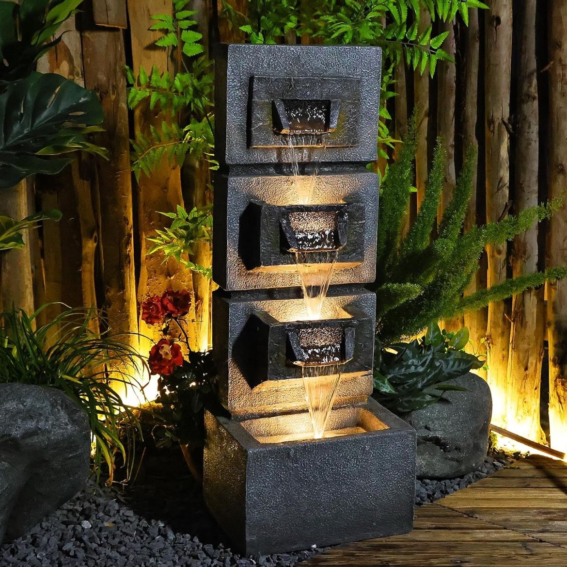 34.84” Water Fountain Outdoor LED Lights and Pump Water Fountains Indoor Floor-Standing Waterfall Outdoor Fountain for Garden Porch,Deck