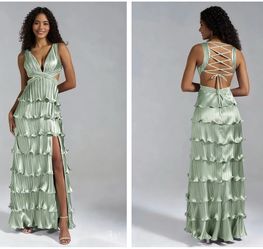 Sage Green Tiered Pleated Formal Maxi Dress size 6