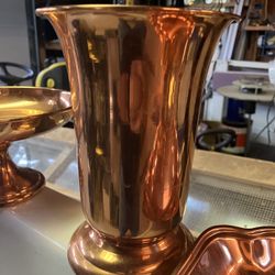 Vintage Polished Shiny Copper Candy Dishes, Serving Tray, Pitcher And Cups