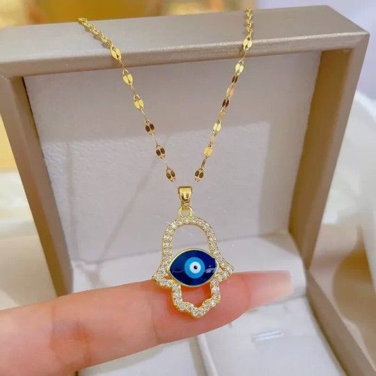 Fashion Jewelry Cubic Zircon Gold Hamsa Hand Evil Eye Pendant Necklace 1PC