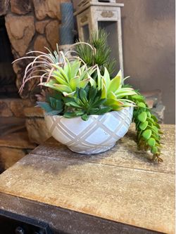 Ht-9.5in Width-11.5in HANDMADE artificial Cactus Arrangement In A Painted Terracotta Bowl