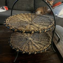 2-Tier Metal and Wicker Stand