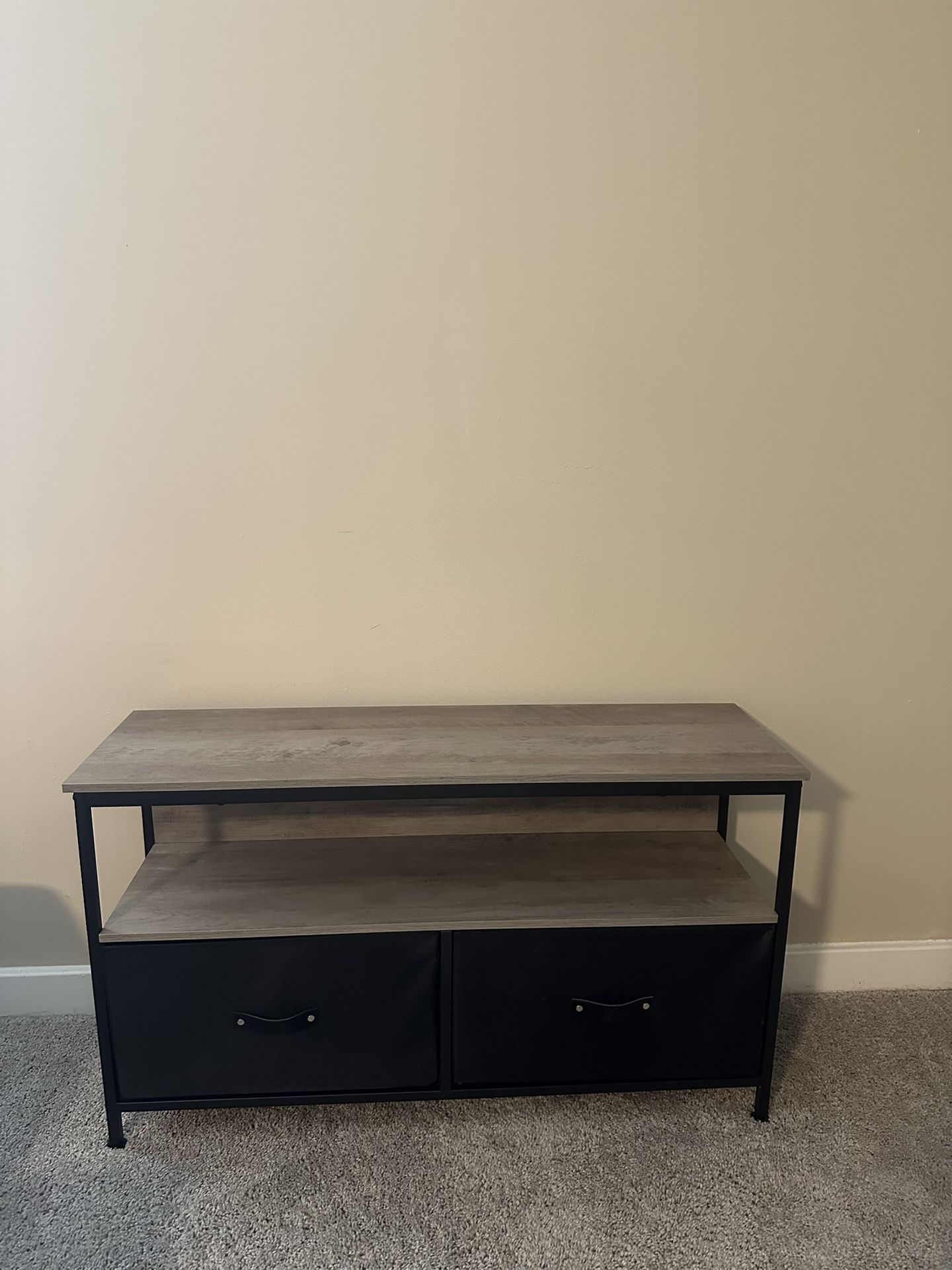 TV Stand with Shelves & Storage Bins – Rustic Gray, Metal Frame