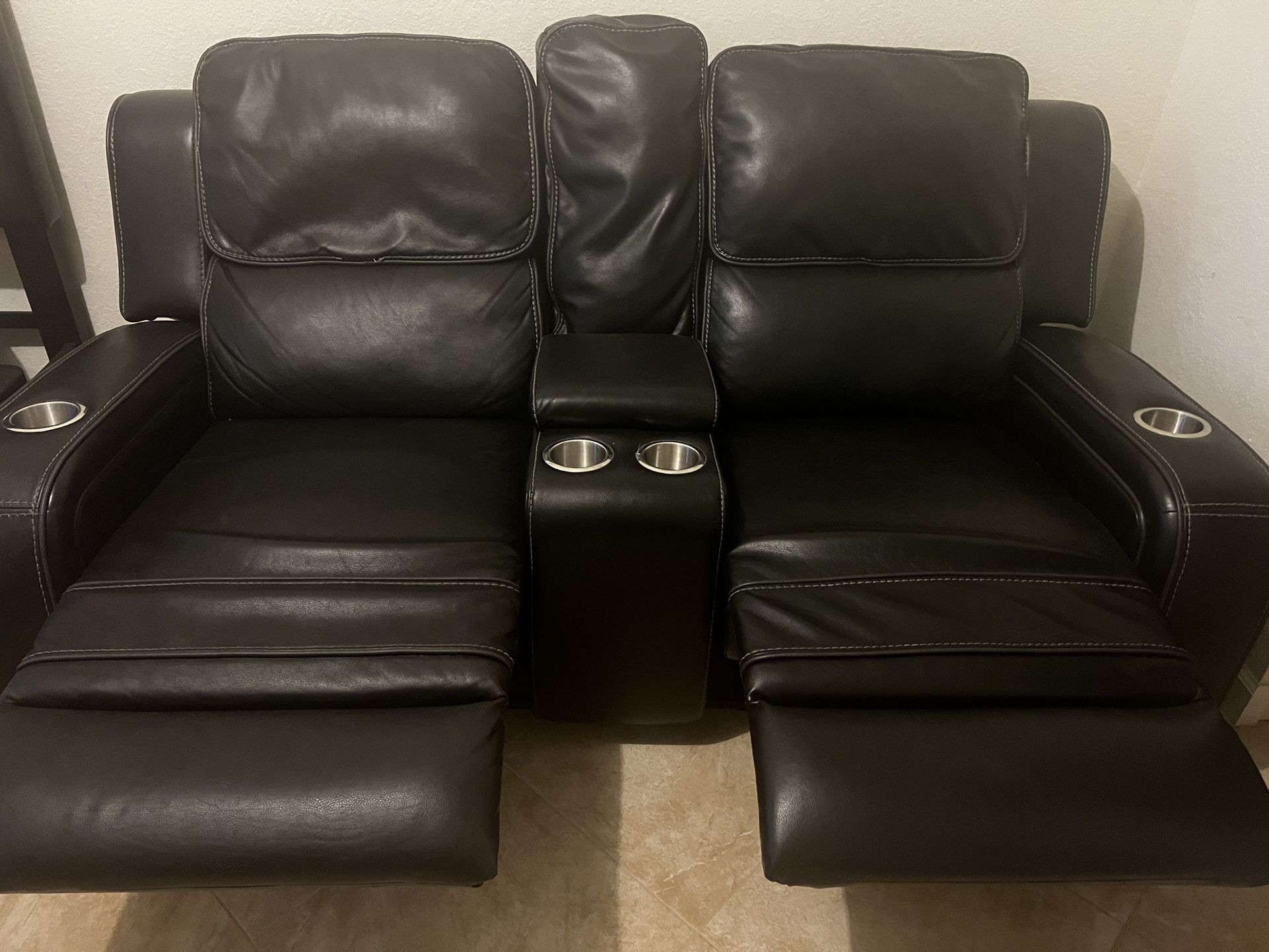 Black Leather  Console Reclining Loveseat
