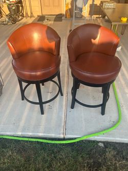 Set of 2 Brown Leather Swivel Bar Stools
