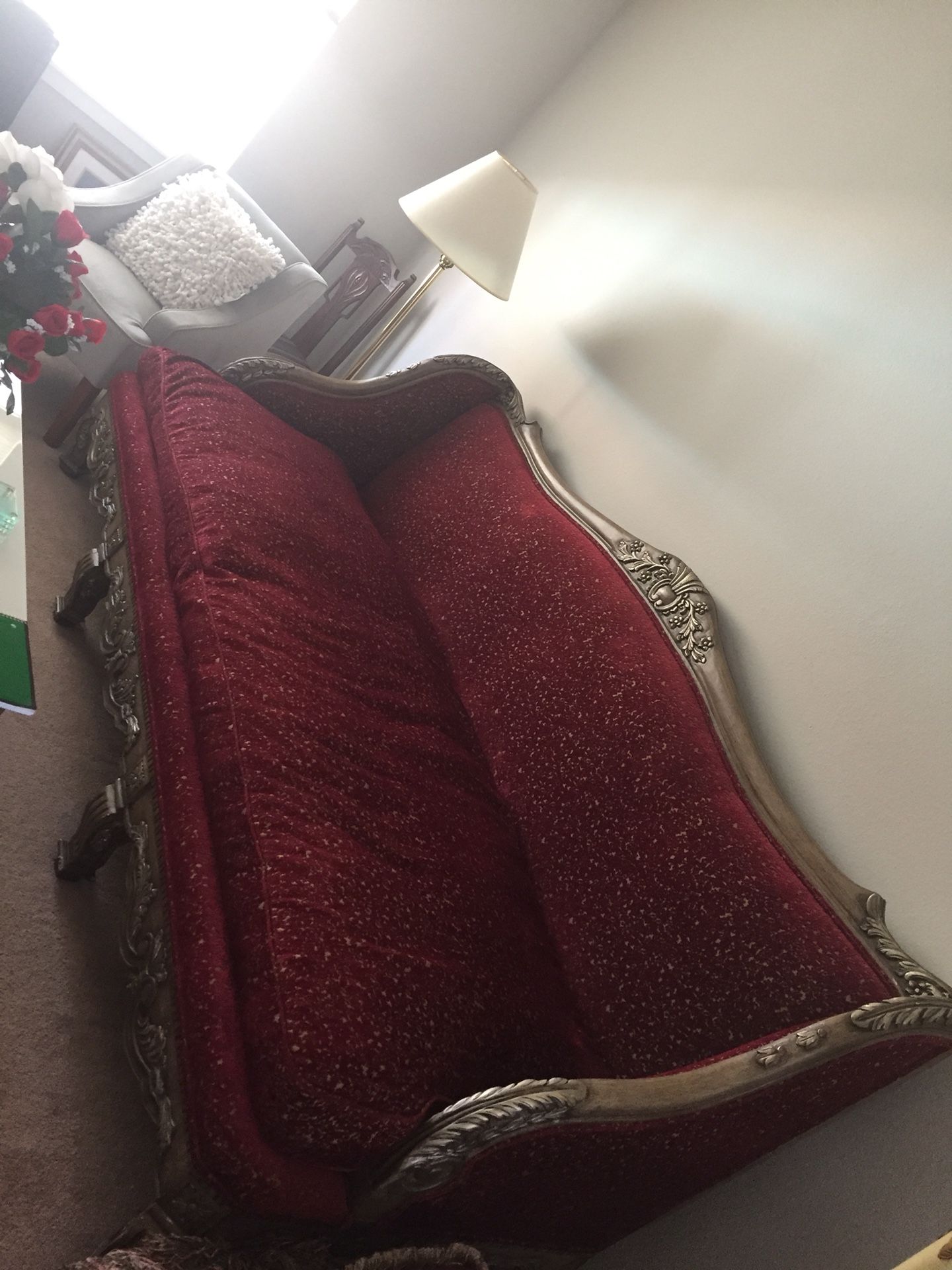 Baroque Rococo antique style daybed couch sofa chair furniture Venetian or French settee Louis XVI 3D velvet burgundy 98” long by 3’ width. Venitian