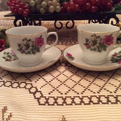 Vintage Bone China Tea Cups & Saucers White With Gold Trim & Lovely Floral Design ,  Service For Two.