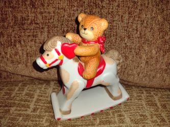 Vintage Enesco Lucy and Me Bear on a Rocking Horse Holding Red Heart, Porcelain Teddy Bear Figurine Collectible