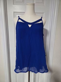 Blue sheer tank top with cutout detail