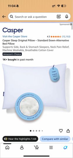 Casper Sleep Original Pillow – Standard Down-Alternative Bed Pillow Supports Side, Back & Stomach Sleepers, Neck Pain Relief, Machine Washable, Breath