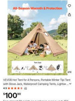 VEVOR Hot Tent for 4 Persons, Portable Winter Tipi Tent with Stove Jack, Waterproof Camping Tents, Lightweight 4 Season Shelter Tents for Hiking Fishi