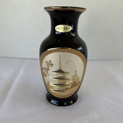 The Art of Chokin Small Black Vase 24K Gold Edging Pagoda & Mountains 6” Tall