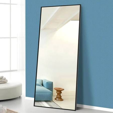 65x22 Black Rectangular Full Length Floor Mirror with Stand Aluminum