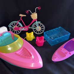 Barbie Boat, Canoe, Pool, Bike and Life Vests- used- LOTM