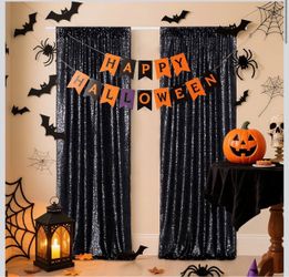 Black Sequin Backdrop Curtains, 2 Panels 2FTx8FT Glitter Photo Booth Backdrop for Halloween Birthday Bachelorette Wednesday Twilight Party Decorations