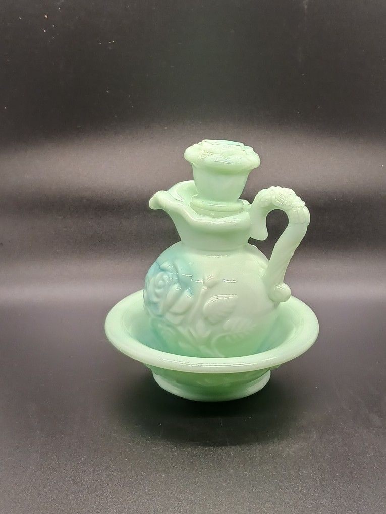 Vintage AVON Jadeite Milk Glass Pitcher & Saucer Bowl Set