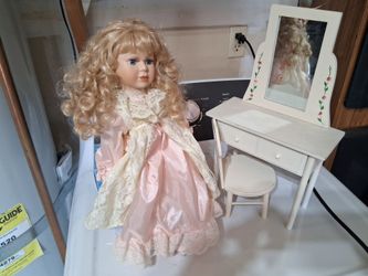 Porcelain Doll with Miniature Vanity Set