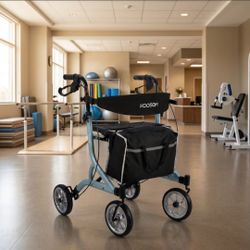 Koosom Rollator Walker is a lightweight mobility aid made of aluminum, and it features a built-in seat for added convenience