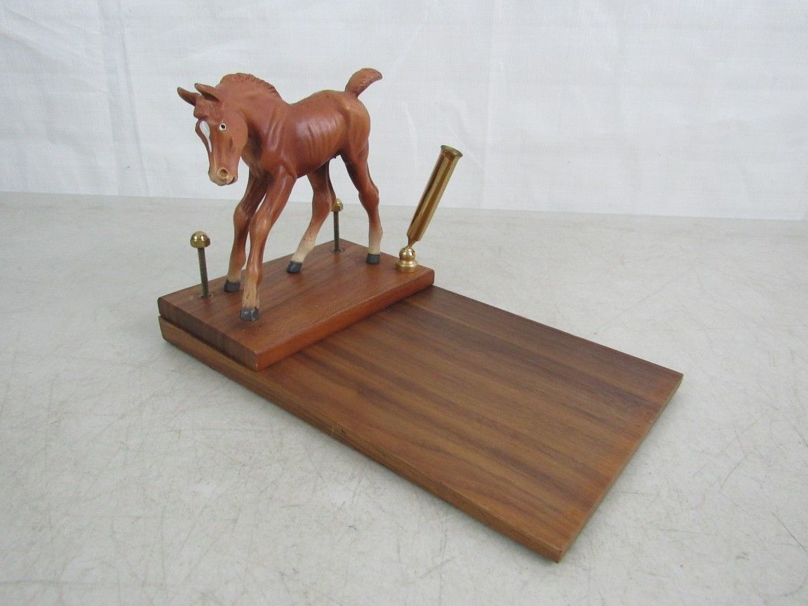 Horse Porcelain Figure Vintage Desk Set Wood Note Pad & Pen Holder