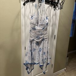 Blue And White Flower Prom Dress