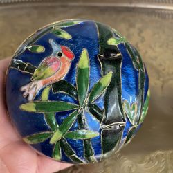 Cobalt Blue Cloisonné Bird & Bamboo Motif Chinese Jar  4”D