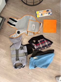 Dog thundershirt, life vest, sweaters, and more