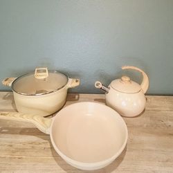 4 Pieces 11” Ceramic Marble Cookware Set Beige Set with Glass Lid