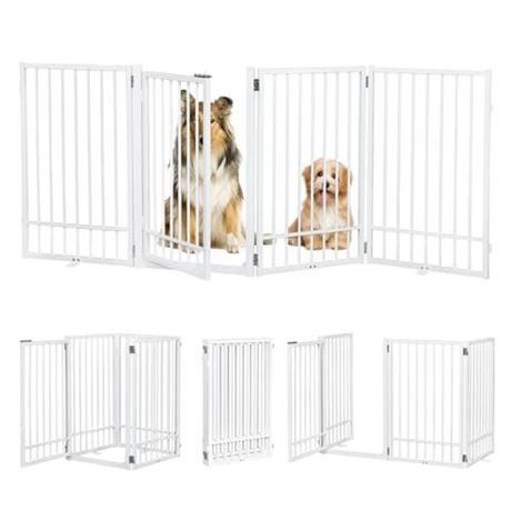 Metal Freestanding Dog Gate with Door, Extra Wide 81", 31" Height Foldable Dog Gates for Doorways, Tall Pet Fence Indoor Outdoor Pet Gates, 4 Panels P