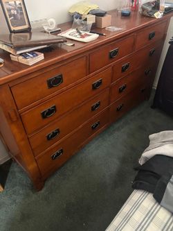 Vintage solid wood wardrobe chest with six  drawers and horizontal storage room . 18” depth , 40” wide, 58 “ high . $125