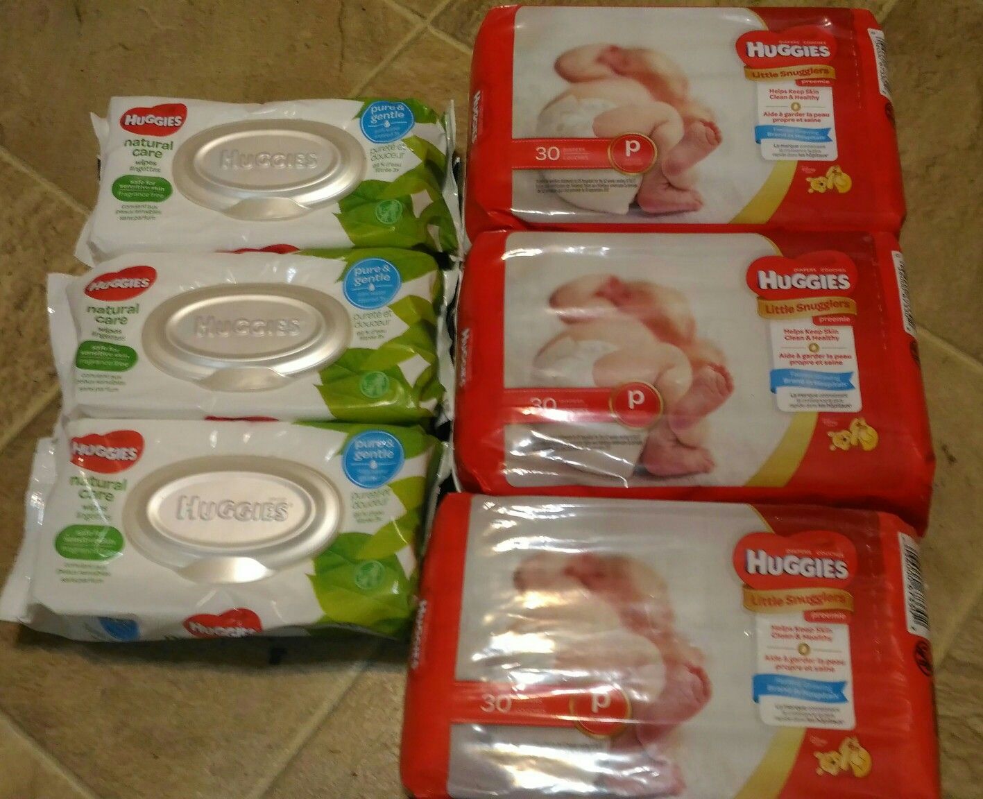 3 huggies diapers 30ct size P & 3 56ct huggies wipes