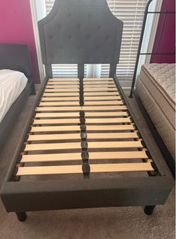 Gray Upholstered Twin Bed Frame with Headboard