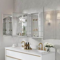 New In Box ROSA 60 in. W x 30 in. H Rectangular Aluminum Tri-View Medicine Cabinet with Mirror, Blum Hinge, Adjustable Shelves