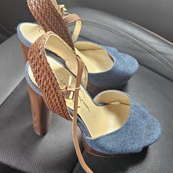 Denim high hill sandals with platform