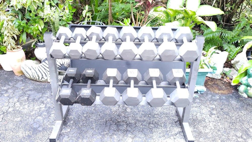 FULL SET OF STEEL DUMBBELLS & STRONG SPACE SAVING RACK : (PAIRS OF) :  20s  25s 30s 35s  40s 45s 50s 