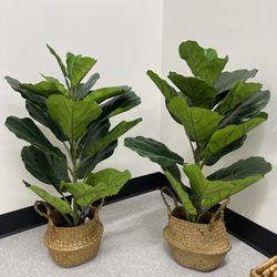 Artificial Fiddle Leaf Fig Plants 30 Inch Fake Ficus Lyrata Tree With 21 Leaves in Pot and Woven Seagrass Belly Basket Perfect Faux Plant for Home Ind