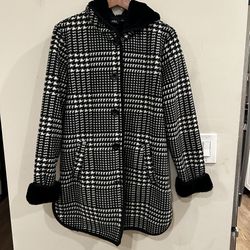 Ike Behar Fleece Houndstooth Hooded Coat Jacket Womens Size Medium.