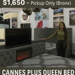 Cannes Plus Gray Queen Bed w/ Fireplace + TV Stand – $1,650 (negotiable) – Pickup Only (Bronx) 
