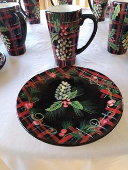 Christmas dishes- hot chocolate or coffee mugs and snack plates by Certified International, set for 8 people