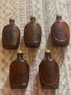 Vintage log cabin syrup, bicentennial glass bottles set of 5