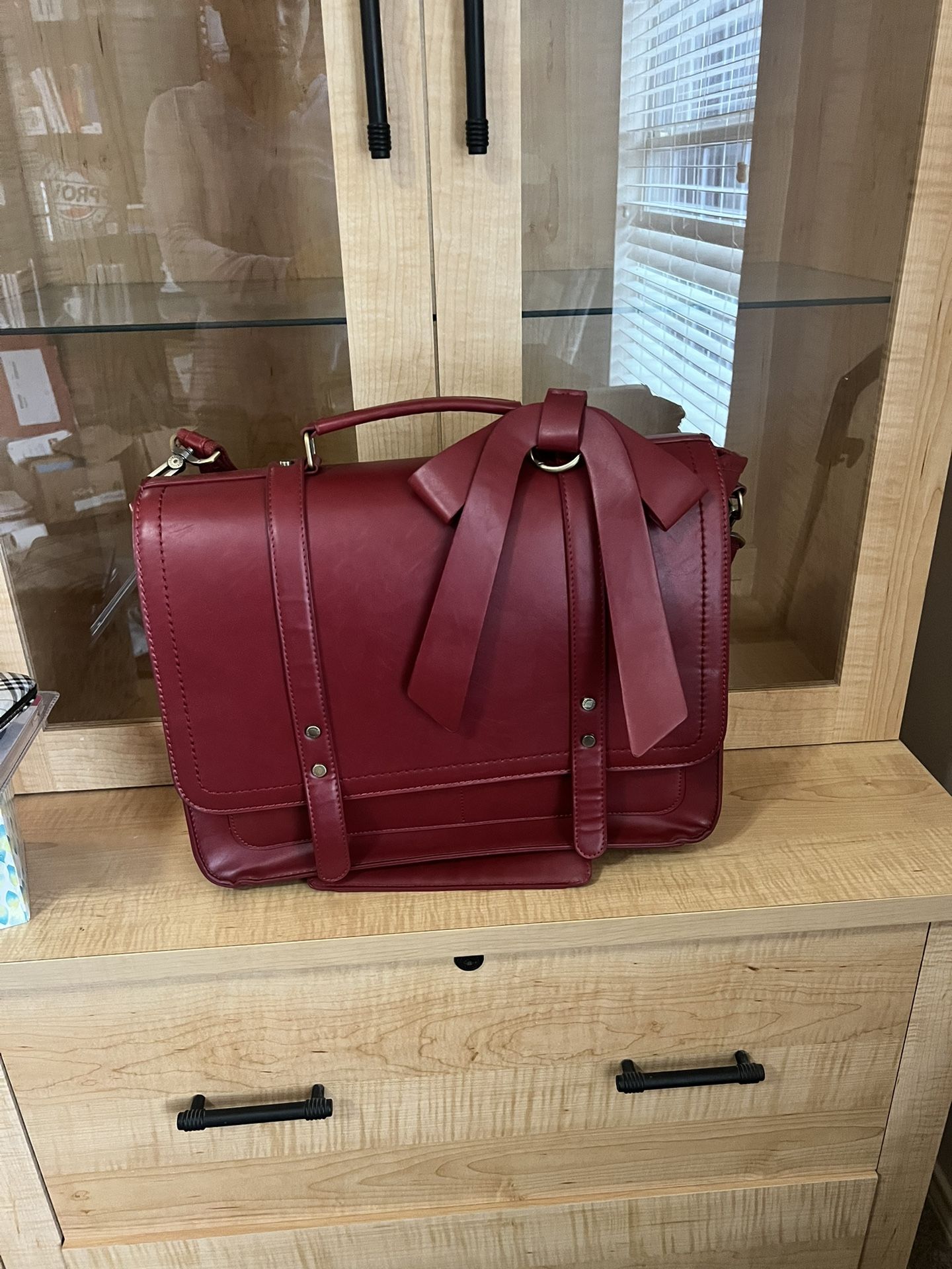faux vegan leather Burgundy wine red small briefcase with bow attachment & shoulder strap  