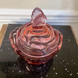 Pink Fenton Cabbage Rose or Rose Pattern Candy Dish 5.5”