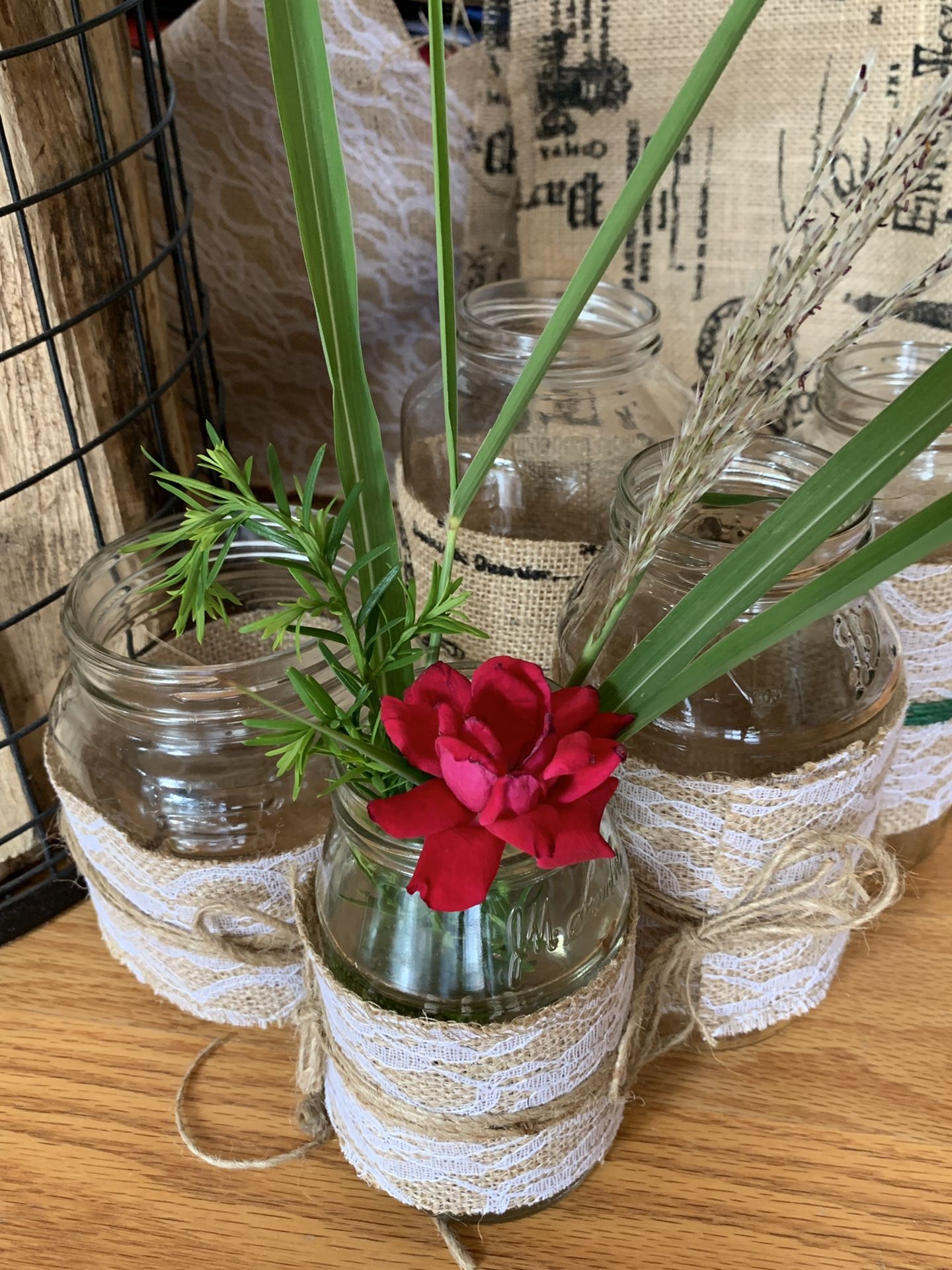 Glass jars with burlap ribbon