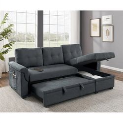 Brand New In Box 📦 Dark Gray L Sectional Couch 🛋️ With USB Port Pull Out Bed & Storage Underneath 