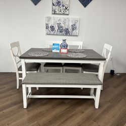 Gray Dining Table & Bench 