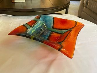 12-inch hand-fused art glass square platter/bowl