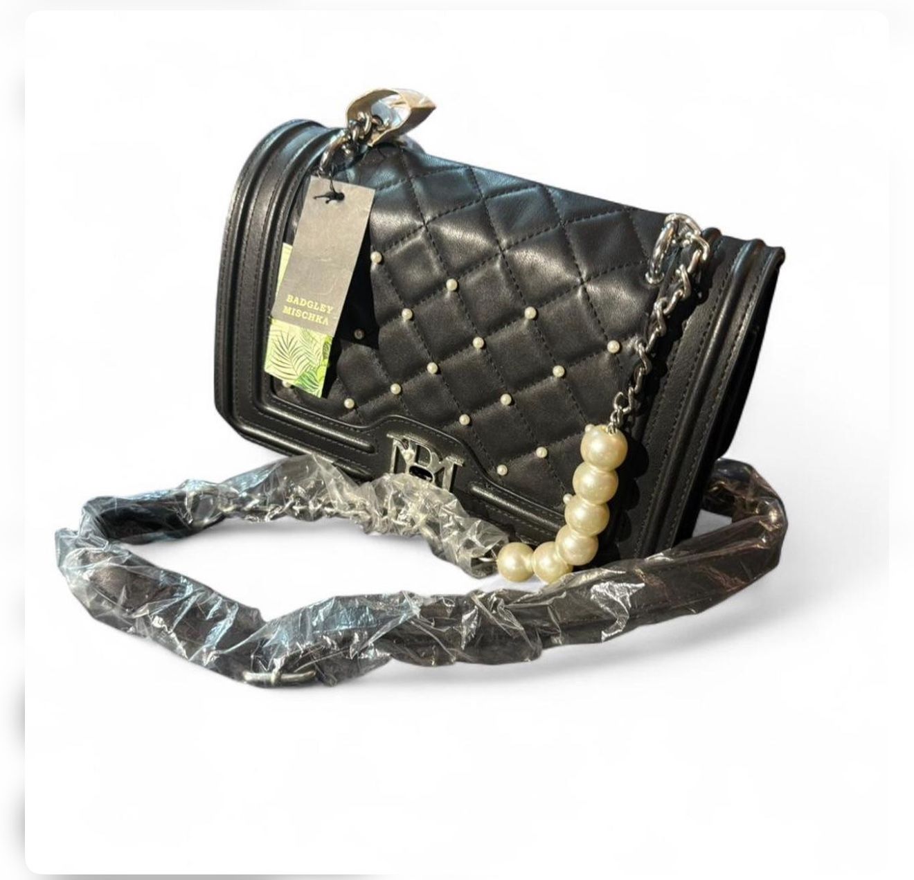 Badgley Mischka Quilted Crossbody Bag NWT – Pearl Detail & Chain Strap