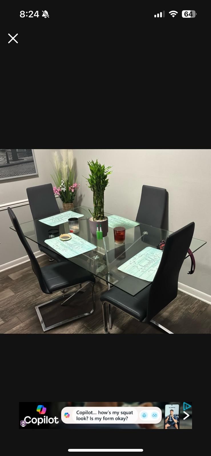 Mesa De Cristal Con Asientos De Cuero 4 Sillas